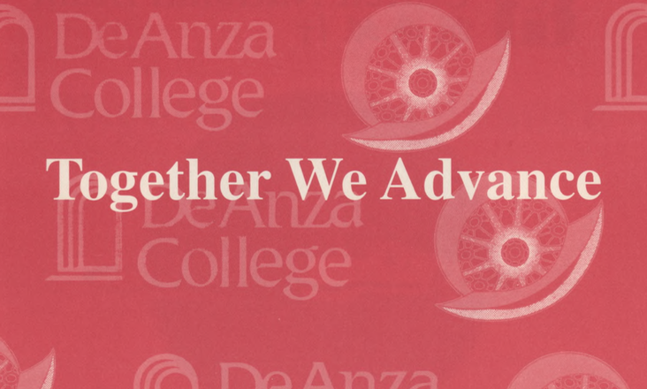 Red background with the words Together We Advance in white, overlaid on faded De Anza College logos.