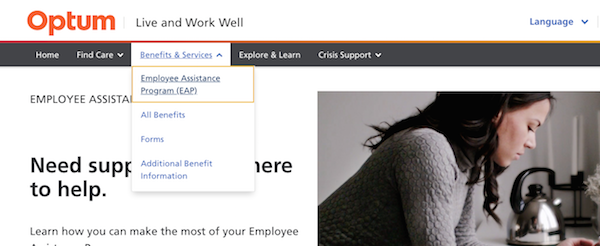 Optum website screenshot showing Employee Assistance Program tab
