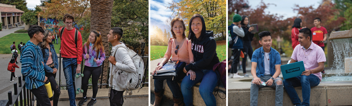three panels showing students outside on stairs, two women on ledge, two young men near fountain