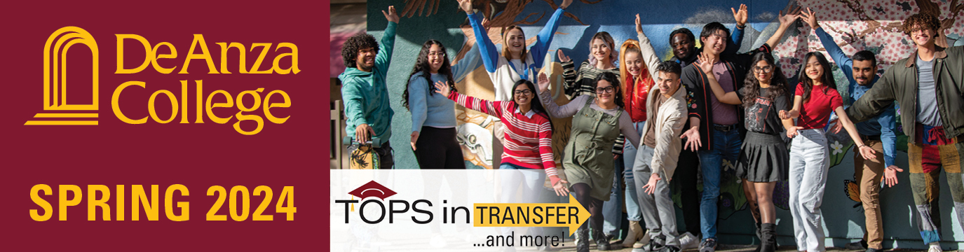 De Anza College Spring 2024 | Tops in Transfer and more! | group of students standing in front of mural, arms outstreatched